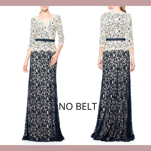 NEW‎ Tadashi Shoji 3/4 Sleeve Lace Gown in Navy-Beige [ SZ 2 ] NO BELT